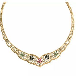 18k Gold Over Silver Multi Color Gemstones Flower Necklace with Diamond Accent